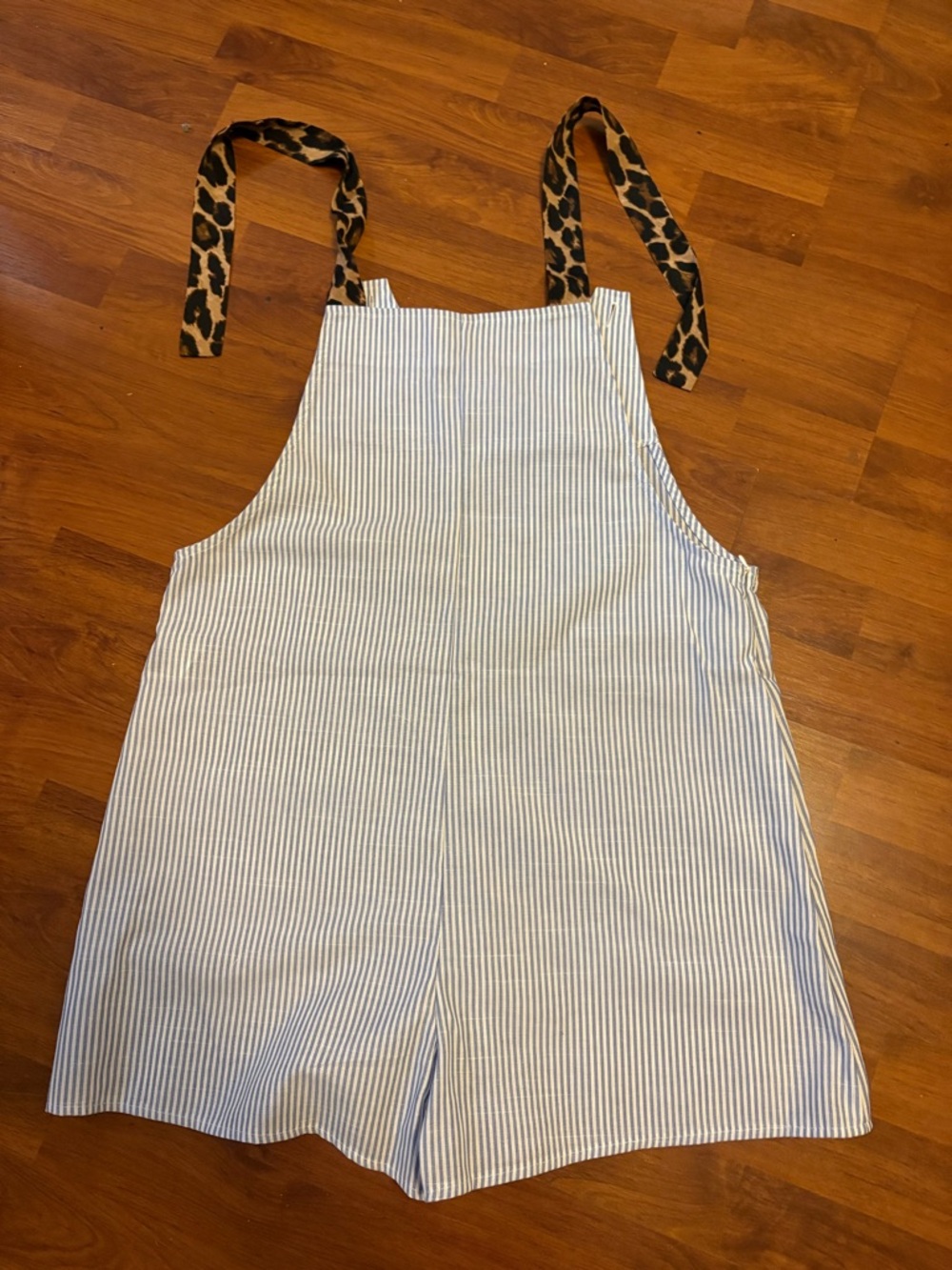 SHEIN Blue & White Striped Romper with Leopard Tie Straps